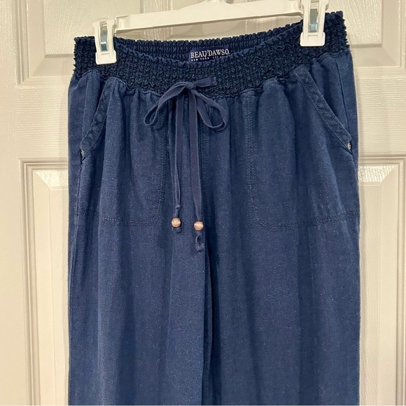 Beau Dawson Women Wide Leg Linen Blend Pants Size L Navy Pockets Elastic Waist - Picture 5 of 17